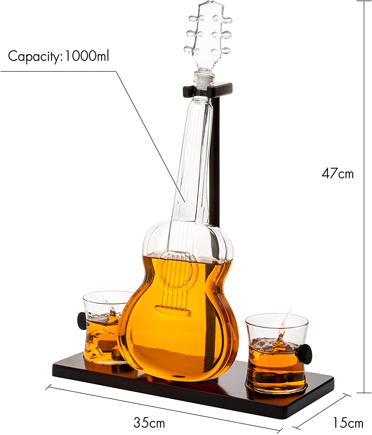 Guitar Whiskey Decanter, Mahogany Base - 1000 ML Glass Decanter 14" H For Whiskey, Scotch, Spirits, Wine Or Vodka For Music Lovers and Guitar Players - Fantasiaa 