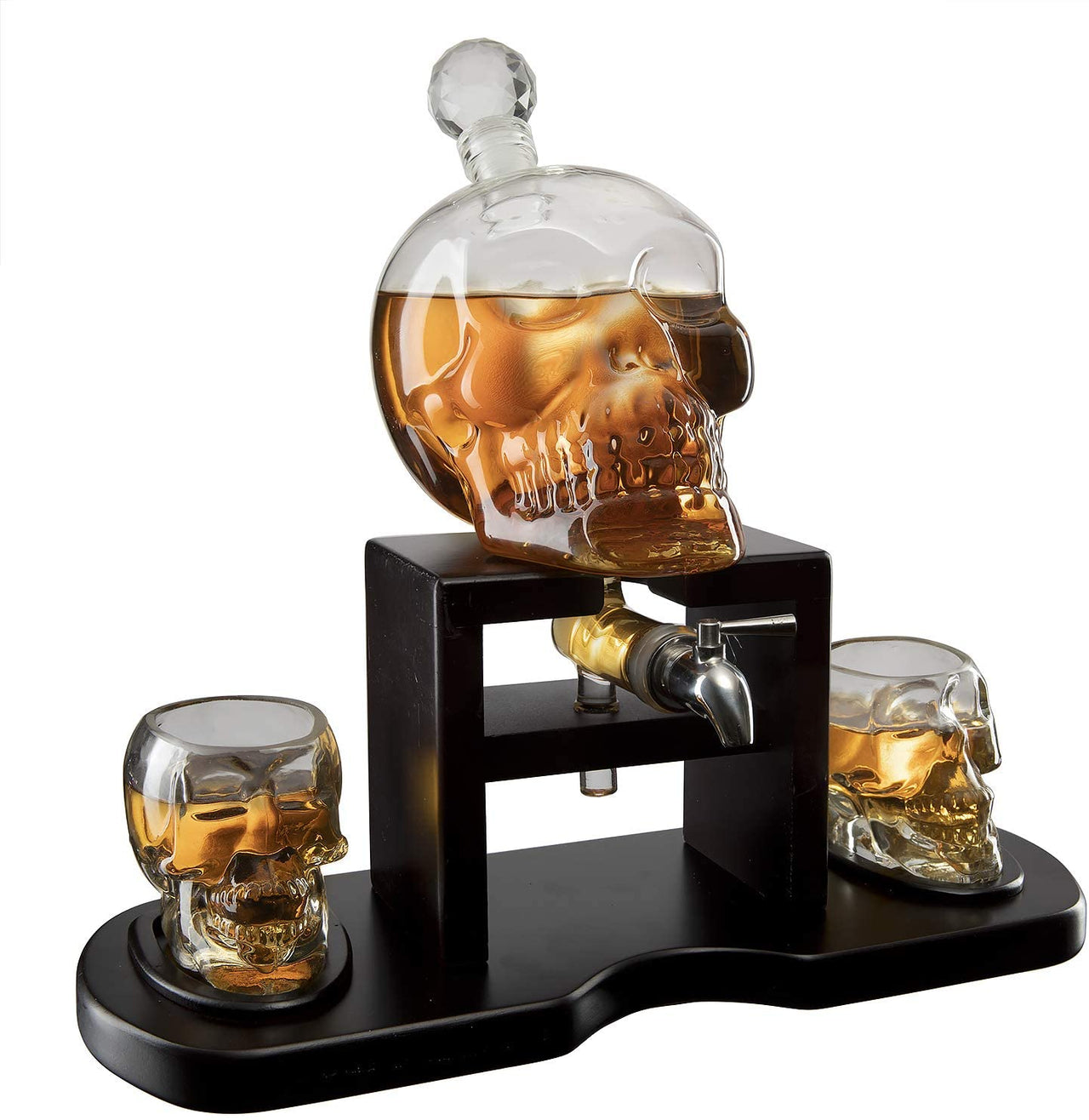 Skull Whiskey 750mL Decanter Set With 2 Skull 3oz Glasses and mahogany Wooden Base With Spigot - Fantasiaa 