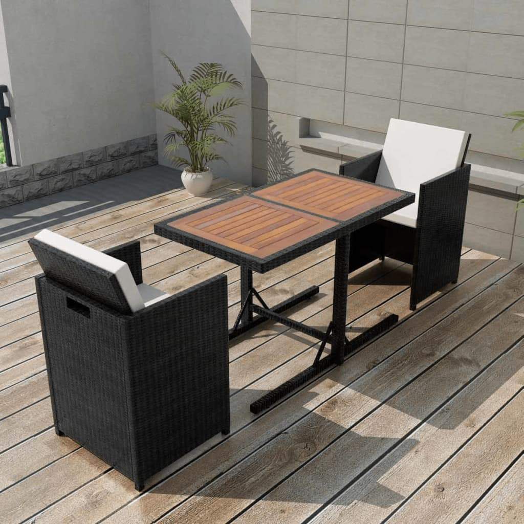 3 Piece Bistro Set with Cushions Poly Rattan Black - Fantasiaa Gifts