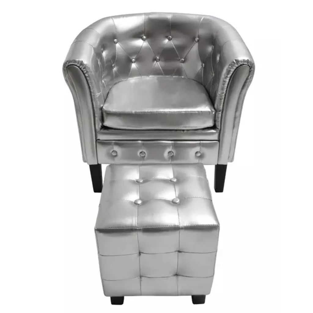 Tub Chair with Footrest Silver Faux Leather - Fantasiaa Gifts