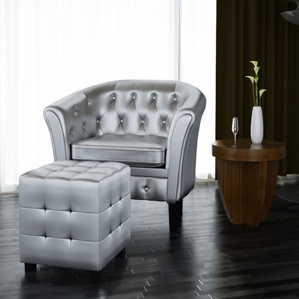 Tub Chair with Footrest Silver Faux Leather - Fantasiaa Gifts