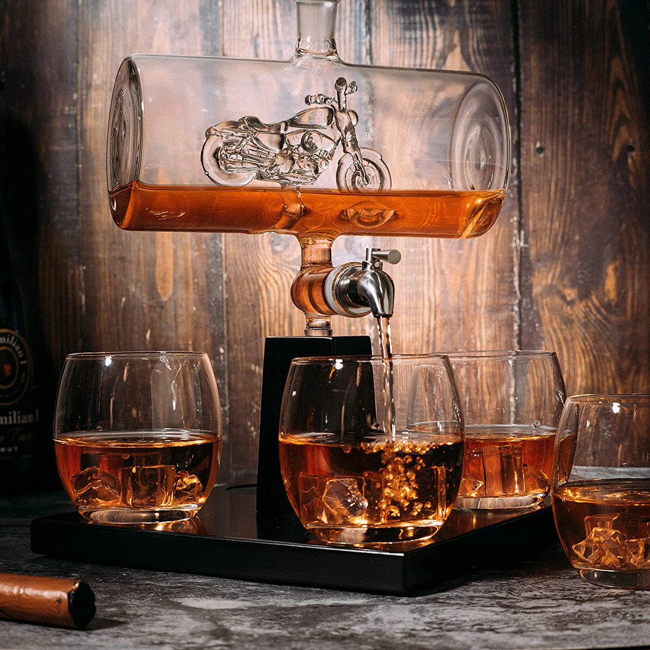 Motorcycle Decanter Whiskey & Wine Decanter Set 1100ml by The Wine Savant with 4 Whiskey Glasses, Motorcycle Gifts, Harley Davidson Motorbike Gifts, Drink Dispenser for Wine, Scotch, Bourbon 19"H 8"W-4