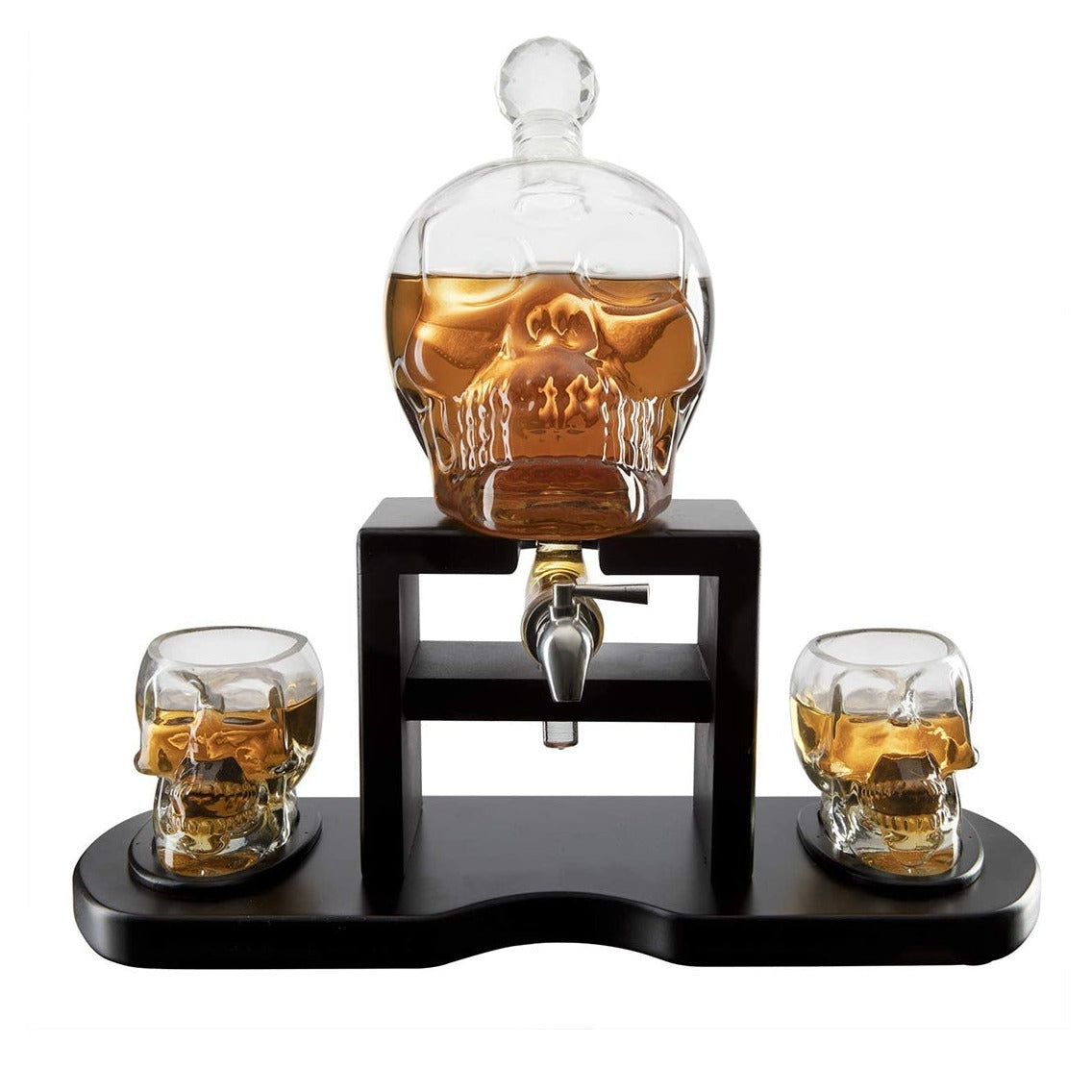 Skull Whiskey 750mL Decanter Set With 2 Skull 3oz Glasses and mahogany Wooden Base With Spigot - Fantasiaa 