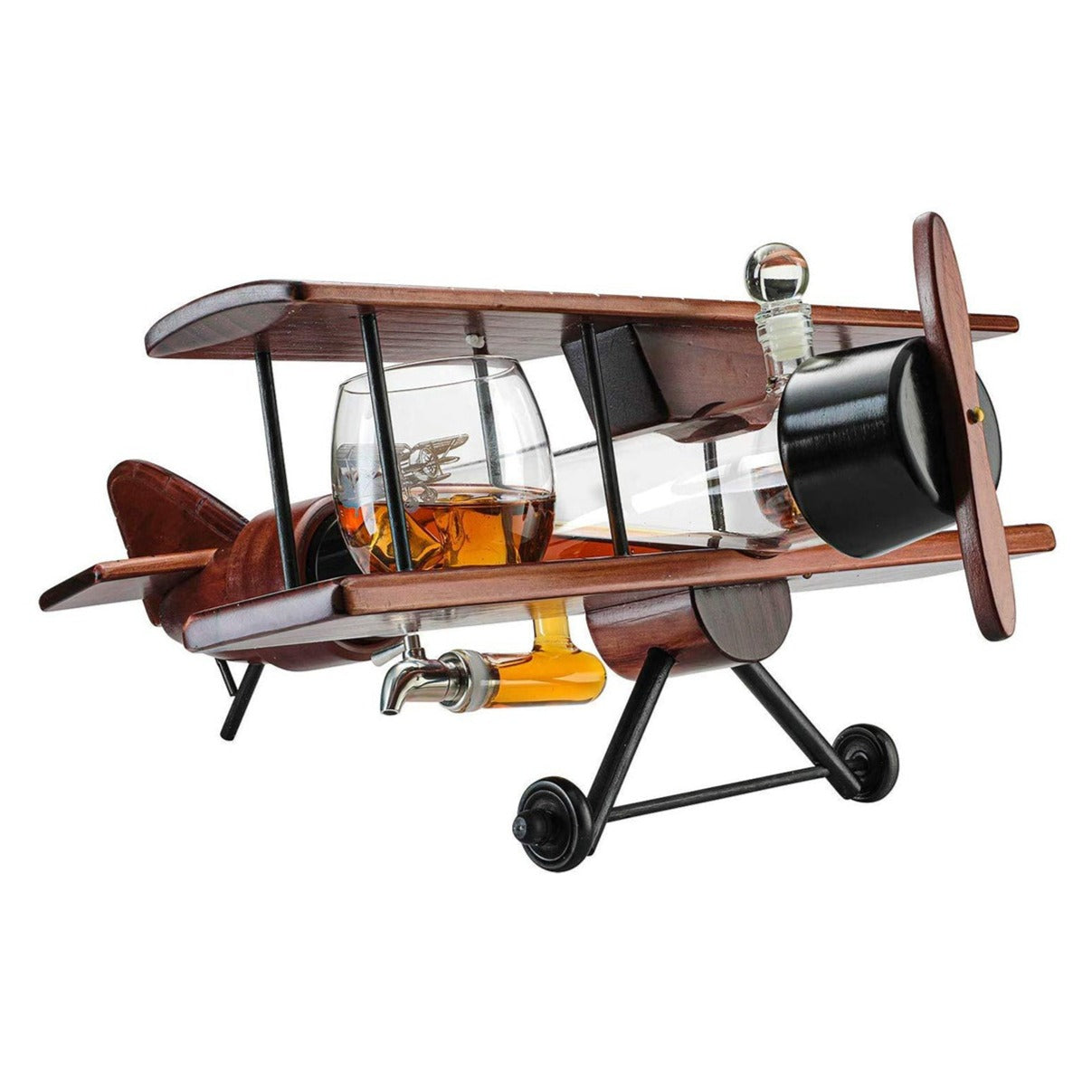 Whiskey Decanter Airplane Set and 2 Airplane Glasses Antique Wood Airplane - Fantasiaa 