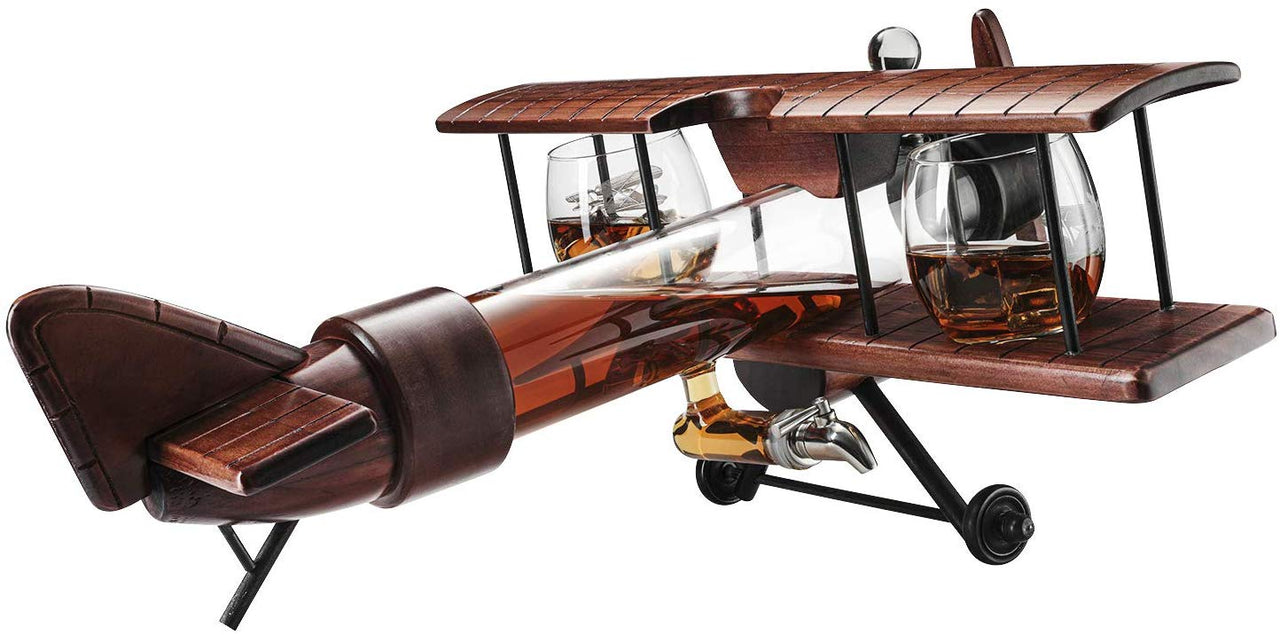 Whiskey Decanter Airplane Set and 2 Airplane Glasses Antique Wood Airplane - Fantasiaa 