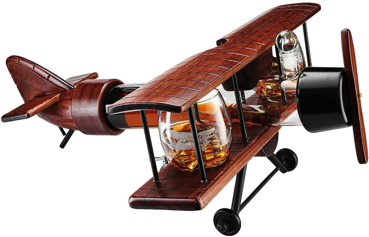 Whiskey Decanter Airplane Set and 2 Airplane Glasses Antique Wood Airplane - Fantasiaa 