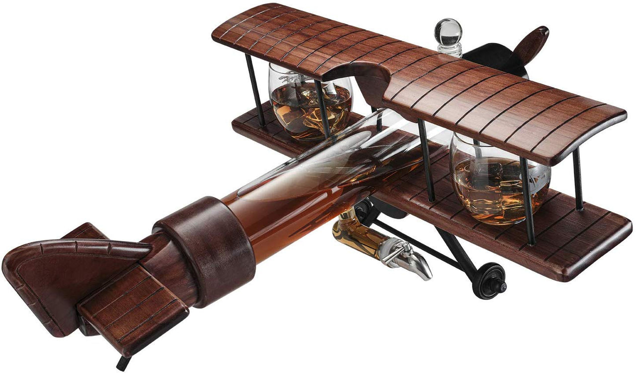 Whiskey Decanter Airplane Set and 2 Airplane Glasses Antique Wood Airplane - Fantasiaa 