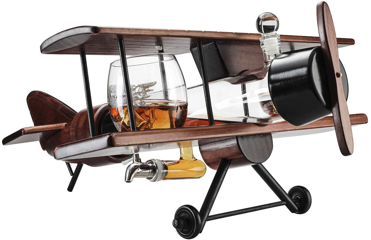 Whiskey Decanter Airplane Set and 2 Airplane Glasses Antique Wood Airplane - Fantasiaa 