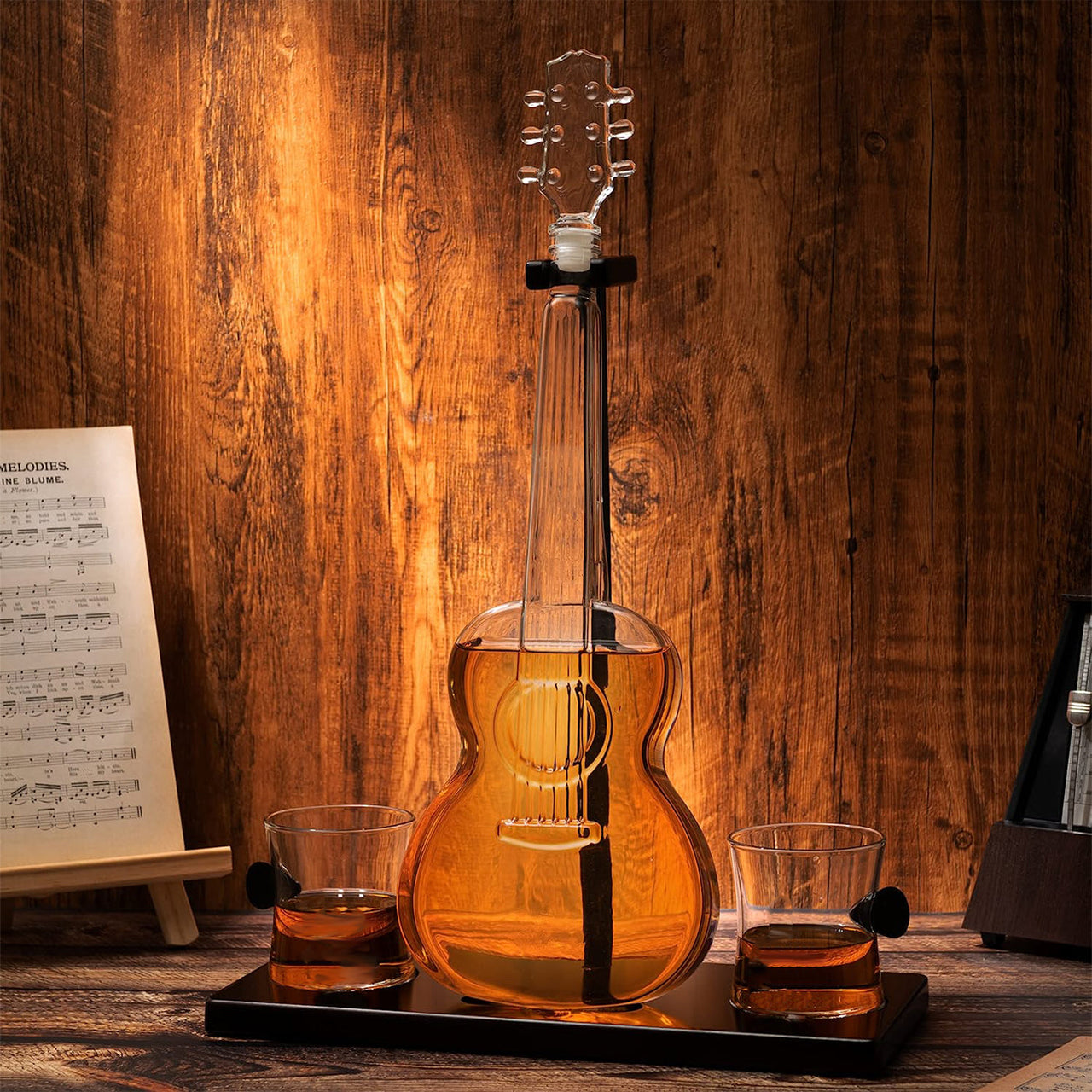 Guitar Whiskey Decanter, Mahogany Base - 1000 ML Glass Decanter 14" H For Whiskey, Scotch, Spirits, Wine Or Vodka For Music Lovers and Guitar Players - Fantasiaa 