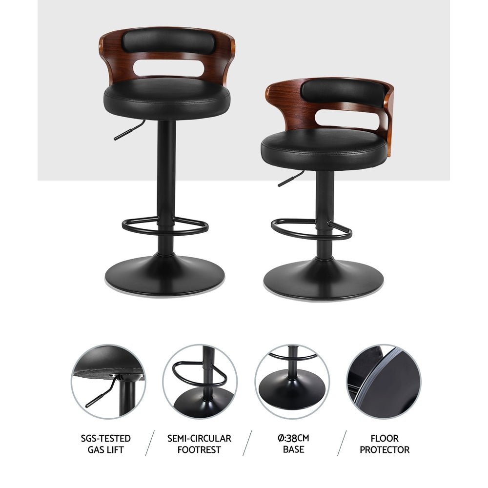 Set of 2 Wooden Bar Stools With Gas Lift (Black PU Leather) - Fantasiaa Gifts