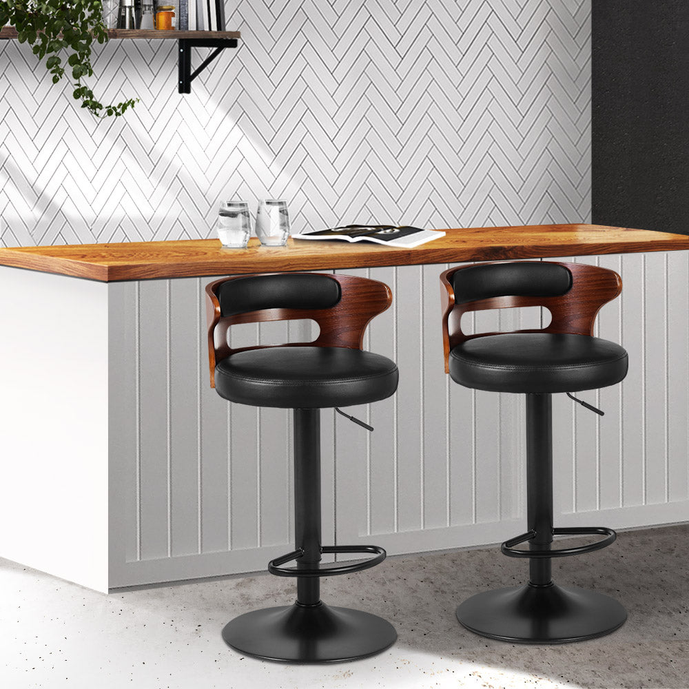 Set of 2 Wooden Bar Stools With Gas Lift (Black PU Leather) - Fantasiaa Gifts